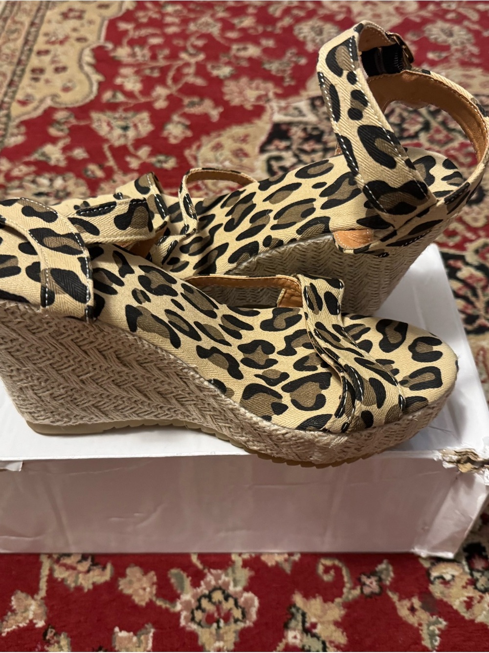 SHEIN Leopard Print Espadrille Wedge Sandals - Tan and Black